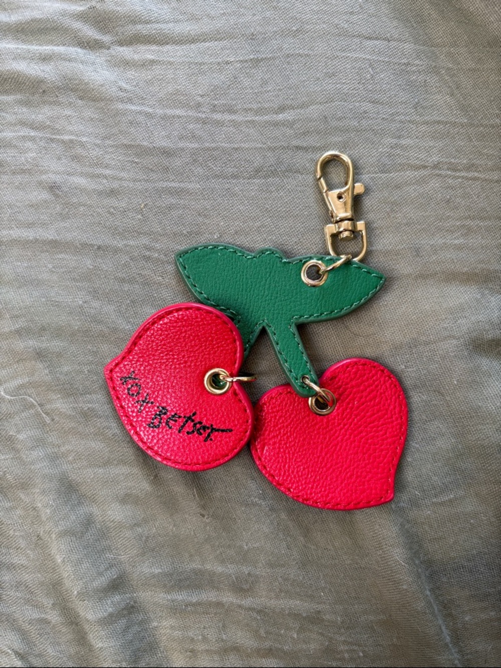 Vintage Betsey Johnson Red Cherry Bag Charm with Green Leaf & Gold Hardware